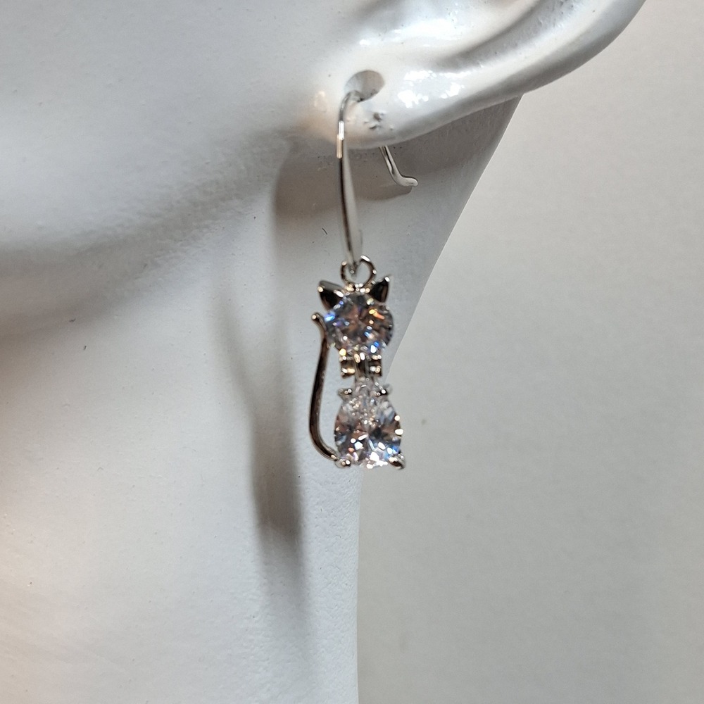 Silver Tone Crystal Cat Dangle Earrings Clear Cubic Zirconia Kitten Jewelry
